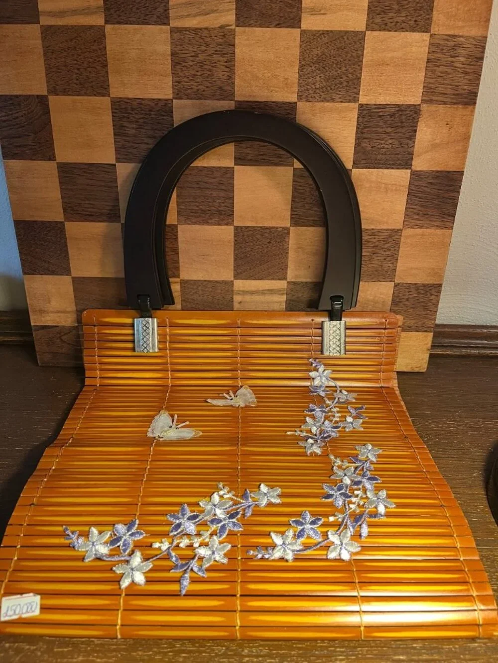 Bamboo Slat Vintage Purse Powder Blue and White Floral and Iridescent Butterflie